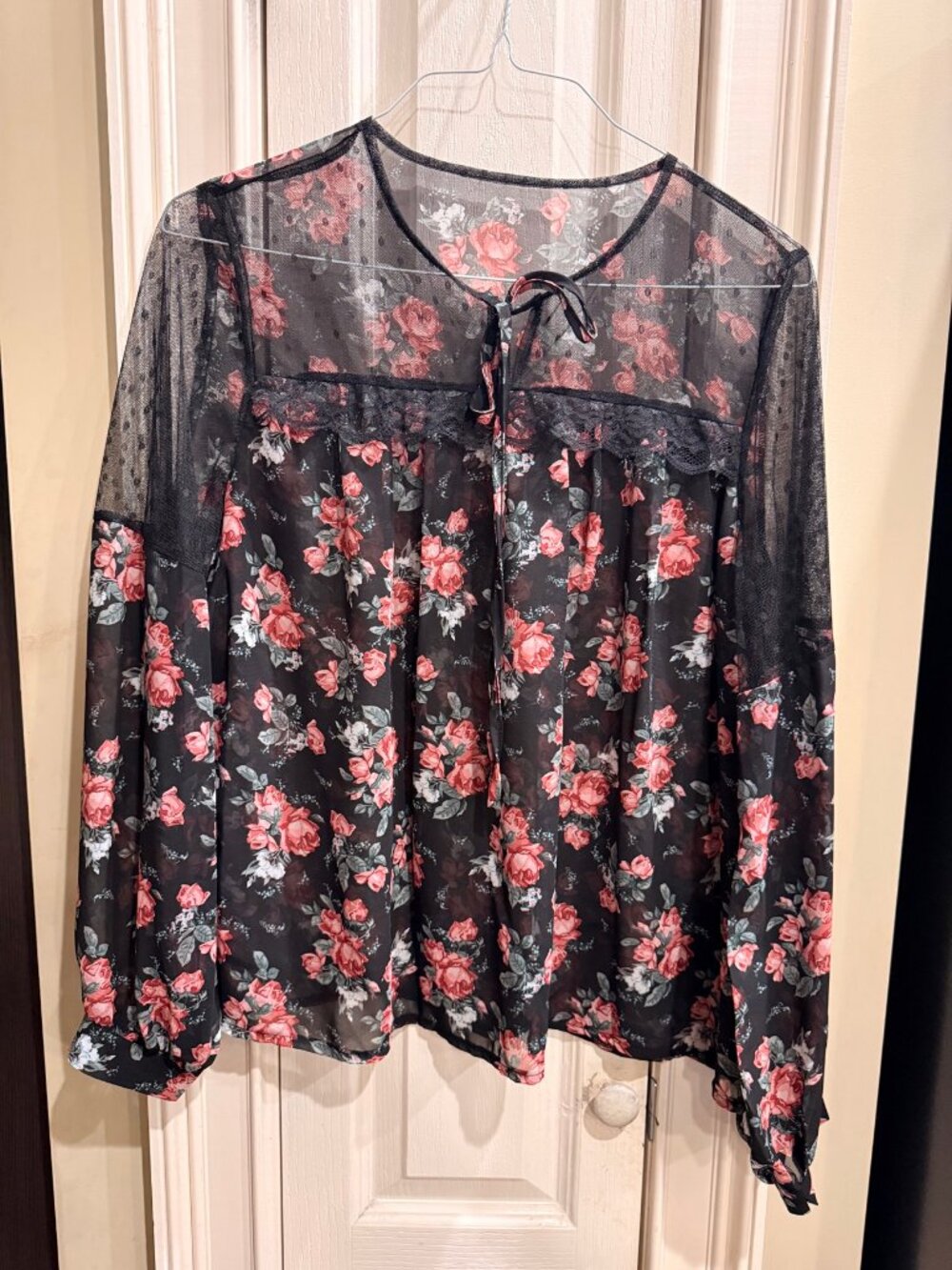 Sheer floral blouse L black chiffon pink roses